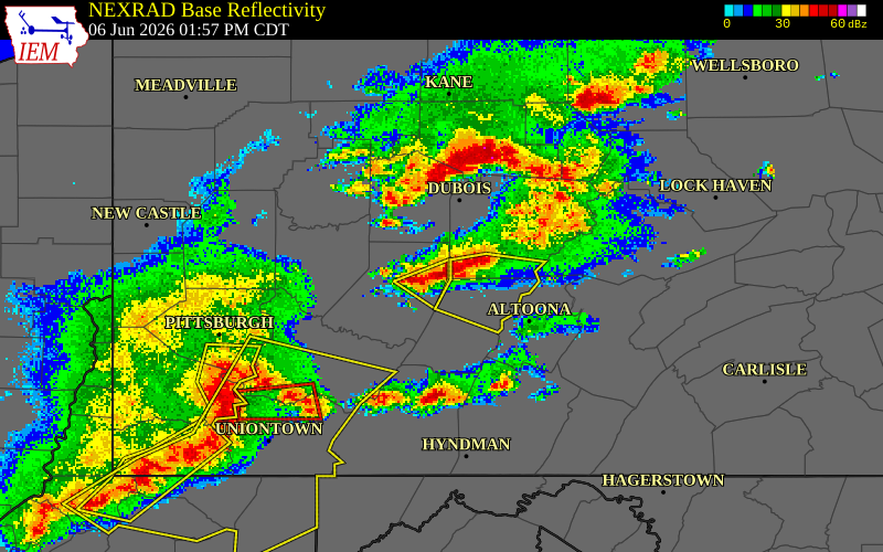 NEXRAD radar during the Saturday, June 6, 2026 storm activity in Indiana County, Pennsylvania
