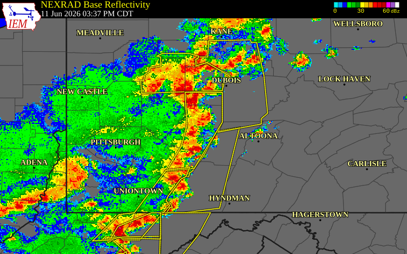 NEXRAD radar during the Thursday, June 11, 2026 storm activity in Indiana County, Pennsylvania