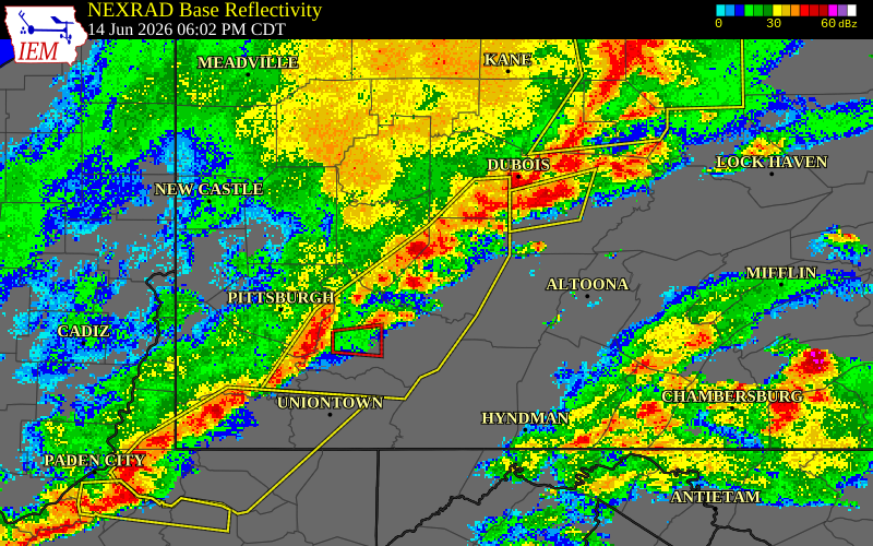 NEXRAD radar during the Sunday, June 14, 2026 storm activity in Indiana County, Pennsylvania