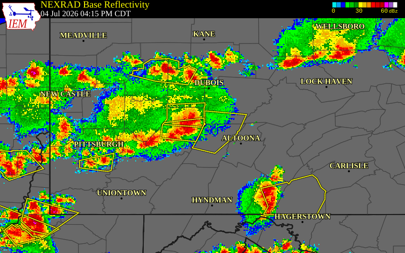 NEXRAD radar during the Saturday, July 4, 2026 storm activity in Indiana County, Pennsylvania