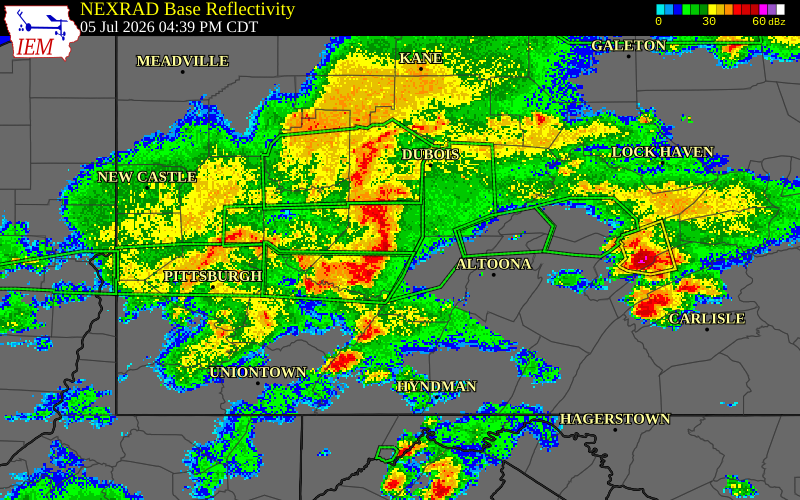 NEXRAD radar during the Sunday, July 5, 2026 storm activity in Indiana County, Pennsylvania