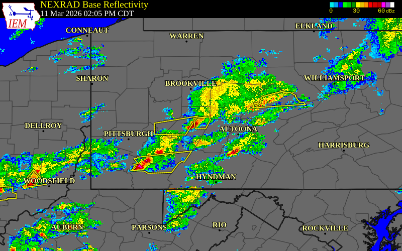 Radar snapshot during the Mar 11, 2026 hail event near 5 ESE Clymer, Indiana County, Pennsylvania, with NWS warning polygons