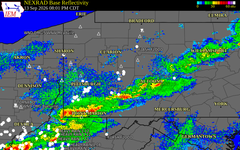 Current NEXRAD radar over Indiana County, Pennsylvania with recent storm report locations