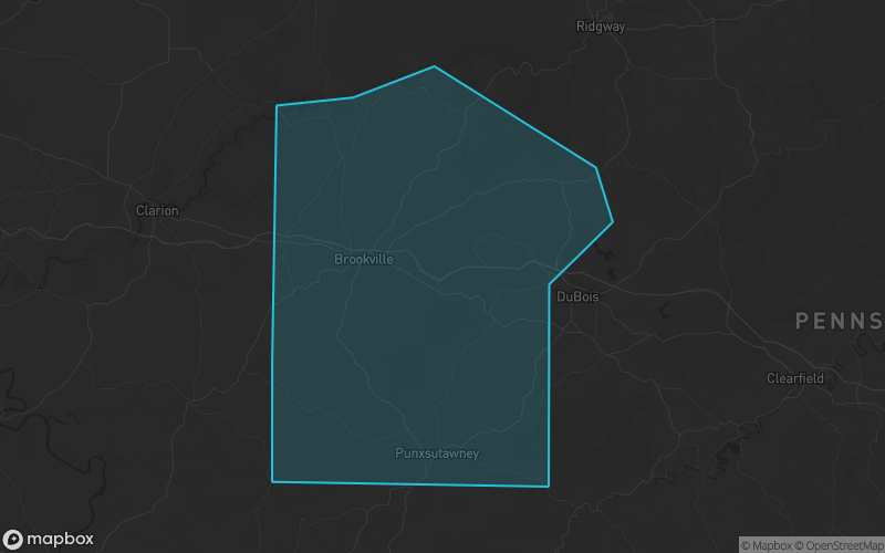 Map of Jefferson County, Pennsylvania showing the county boundary and surrounding cities