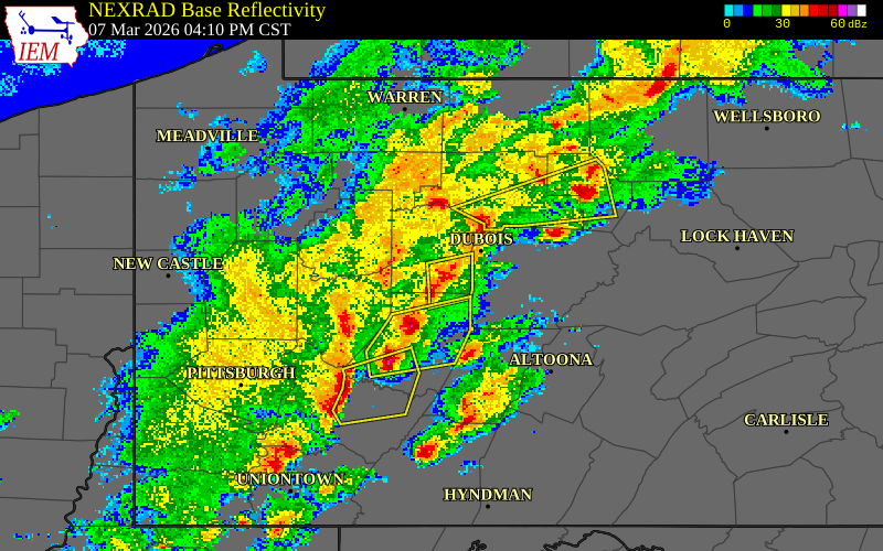 NEXRAD radar during the Saturday, March 7, 2026 storm activity in Jefferson County, Pennsylvania