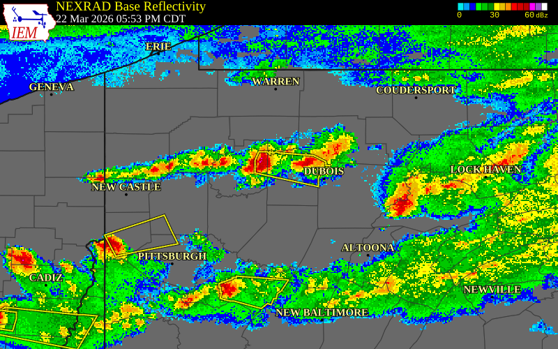NEXRAD radar during the Sunday, March 22, 2026 storm activity in Jefferson County, Pennsylvania