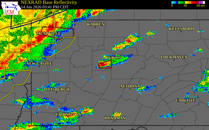 NEXRAD radar during the Sunday, June 14, 2026 storm activity in Jefferson County, Pennsylvania