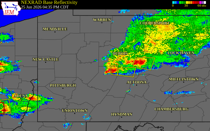 NEXRAD radar during the Thursday, June 25, 2026 storm activity in Jefferson County, Pennsylvania