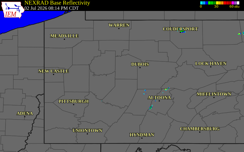 NEXRAD radar during the Thursday, July 2, 2026 storm activity in Jefferson County, Pennsylvania