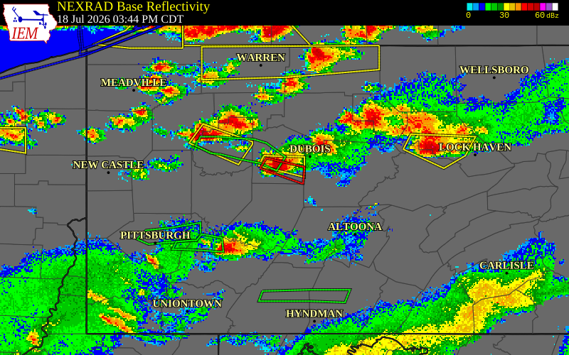 NEXRAD radar during the Saturday, July 18, 2026 storm activity in Jefferson County, Pennsylvania