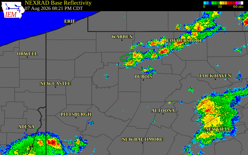 NEXRAD radar during the Friday, August 7, 2026 storm activity in Jefferson County, Pennsylvania
