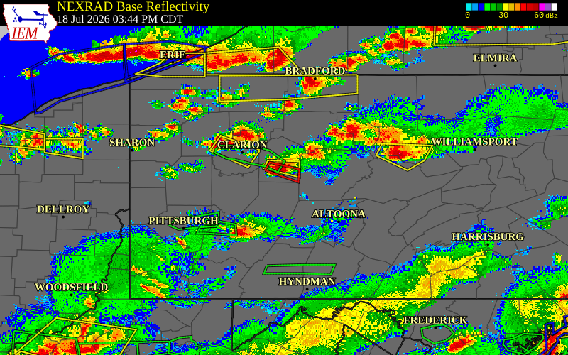 Radar snapshot during the Jul 18, 2026 tornado event near 2 NE Punxsutawney, Jefferson County, Pennsylvania, with NWS warning polygons