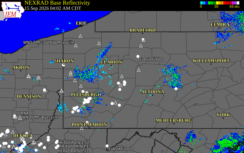 Current NEXRAD radar over Jefferson County, Pennsylvania with recent storm report locations