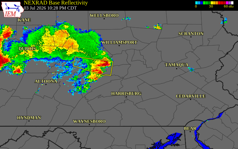 NEXRAD radar during the Friday, July 3, 2026 storm activity in Juniata County, Pennsylvania