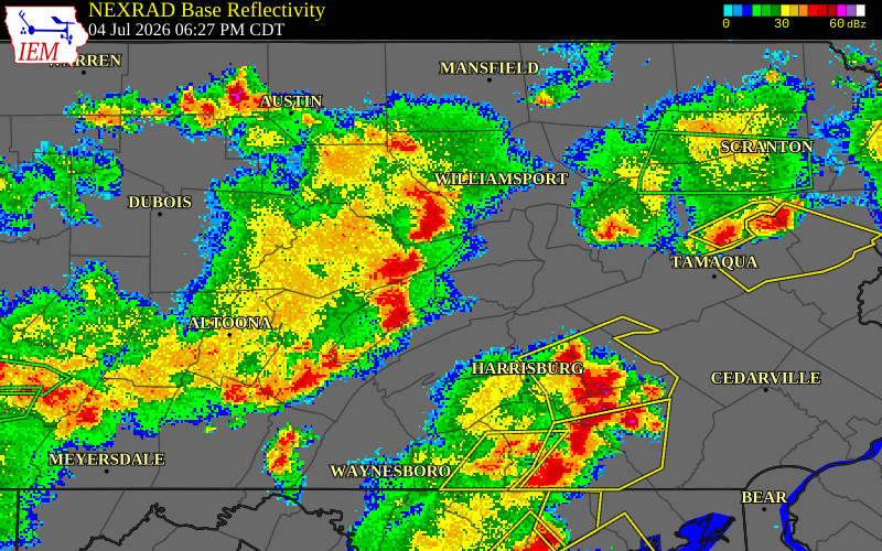 NEXRAD radar during the Saturday, July 4, 2026 storm activity in Juniata County, Pennsylvania