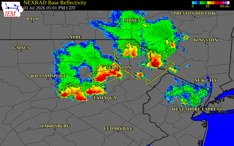 NEXRAD radar during the Friday, July 3, 2026 storm activity in Lackawanna County, Pennsylvania