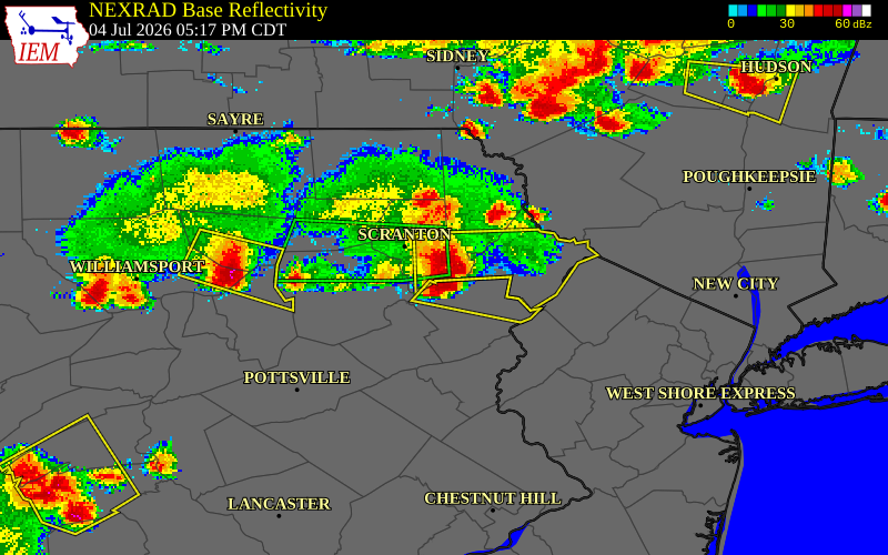 NEXRAD radar during the Saturday, July 4, 2026 storm activity in Lackawanna County, Pennsylvania