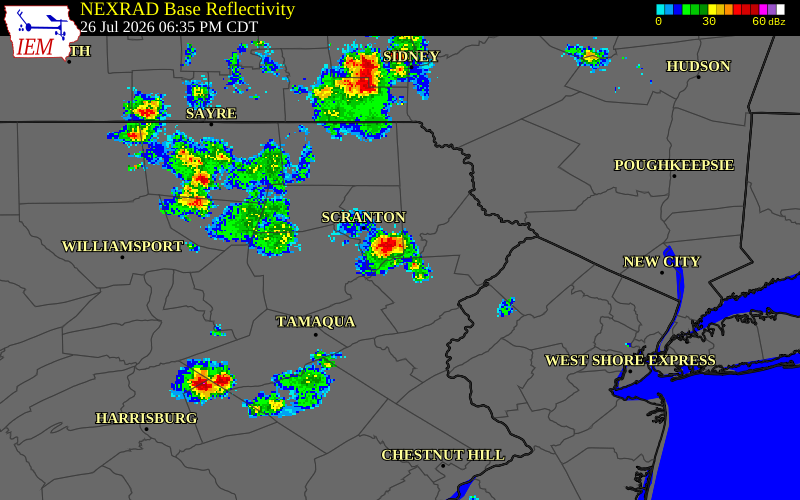 NEXRAD radar during the Sunday, July 26, 2026 storm activity in Lackawanna County, Pennsylvania