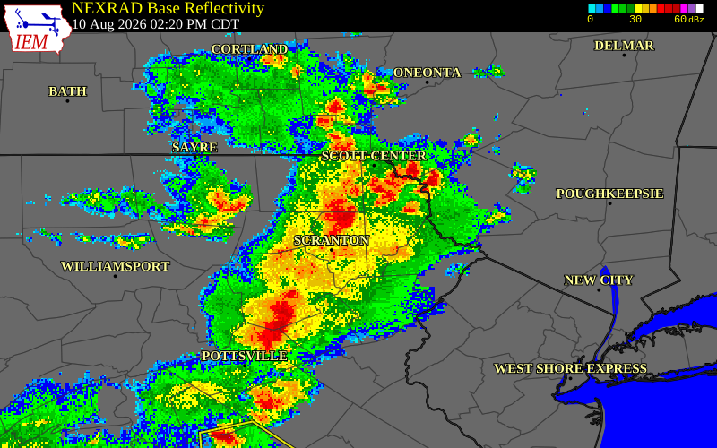 NEXRAD radar during the Monday, August 10, 2026 storm activity in Lackawanna County, Pennsylvania