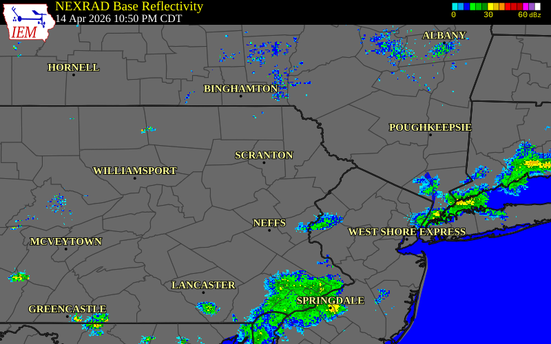 Radar snapshot during the Apr 14, 2026 wind event near 1 NW Fells Corners, Lackawanna County, Pennsylvania, with NWS warning polygons