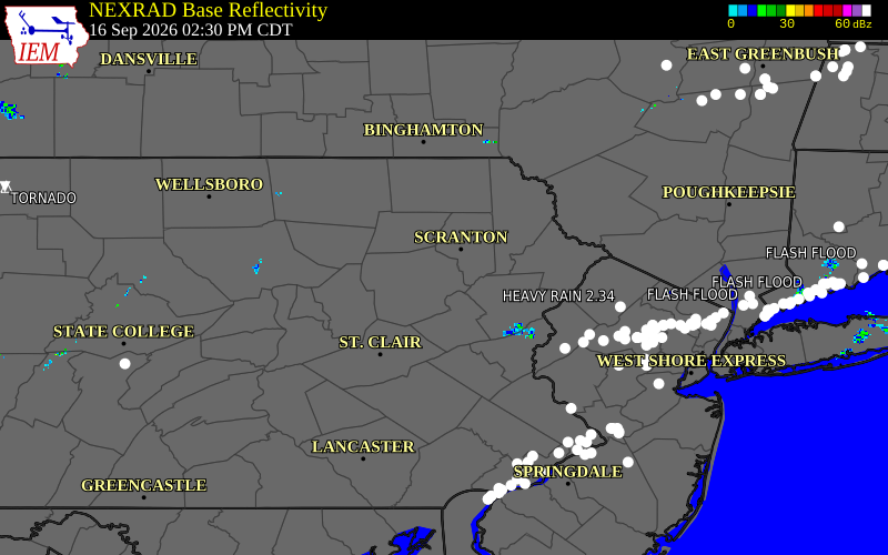 Current NEXRAD radar over Lackawanna County, Pennsylvania with recent storm report locations