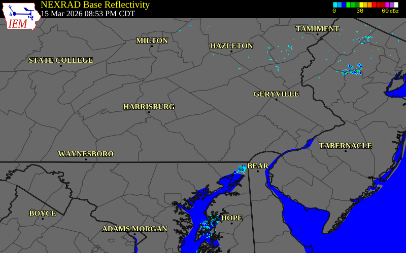 NEXRAD radar during the Sunday, March 15, 2026 storm activity in Lancaster County, Pennsylvania