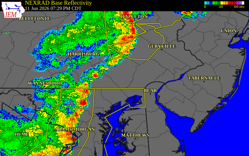 NEXRAD radar during the Thursday, June 11, 2026 storm activity in Lancaster County, Pennsylvania