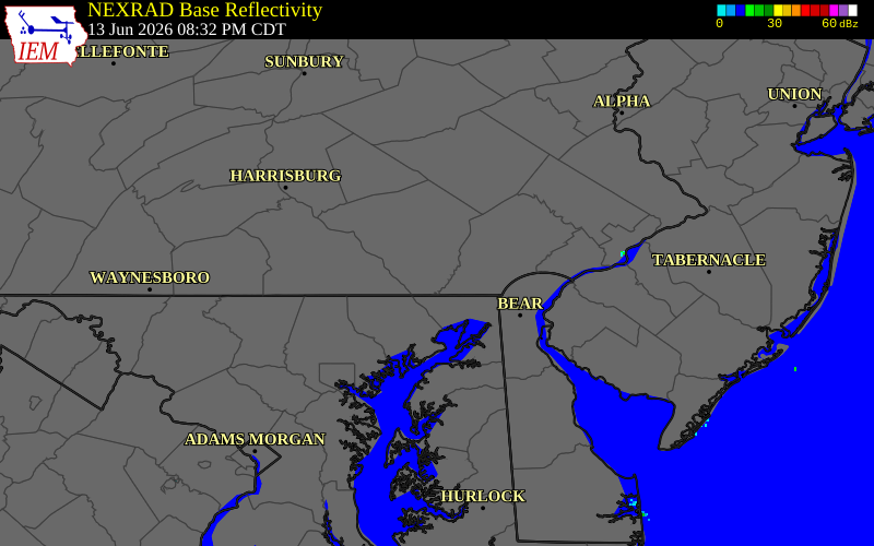 NEXRAD radar during the Saturday, June 13, 2026 storm activity in Lancaster County, Pennsylvania