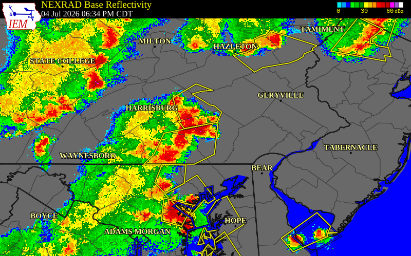 NEXRAD radar during the Saturday, July 4, 2026 storm activity in Lancaster County, Pennsylvania