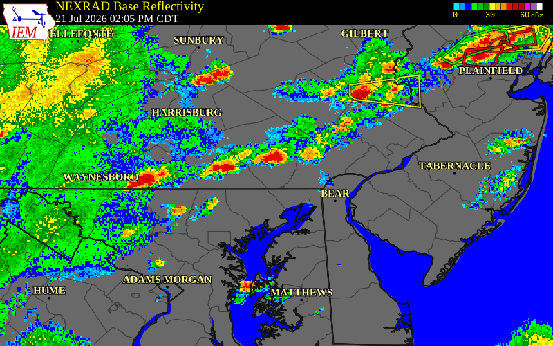 NEXRAD radar during the Tuesday, July 21, 2026 storm activity in Lancaster County, Pennsylvania