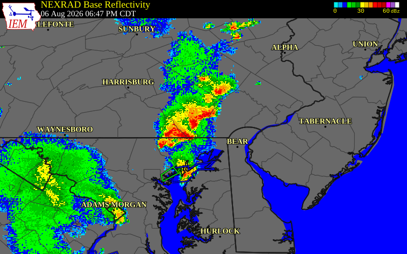 NEXRAD radar during the Thursday, August 6, 2026 storm activity in Lancaster County, Pennsylvania