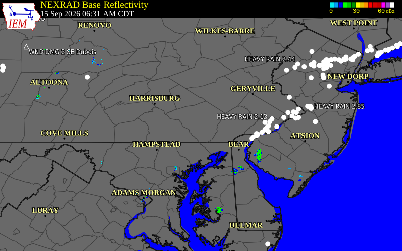 Current NEXRAD radar over Lancaster County, Pennsylvania with recent storm report locations