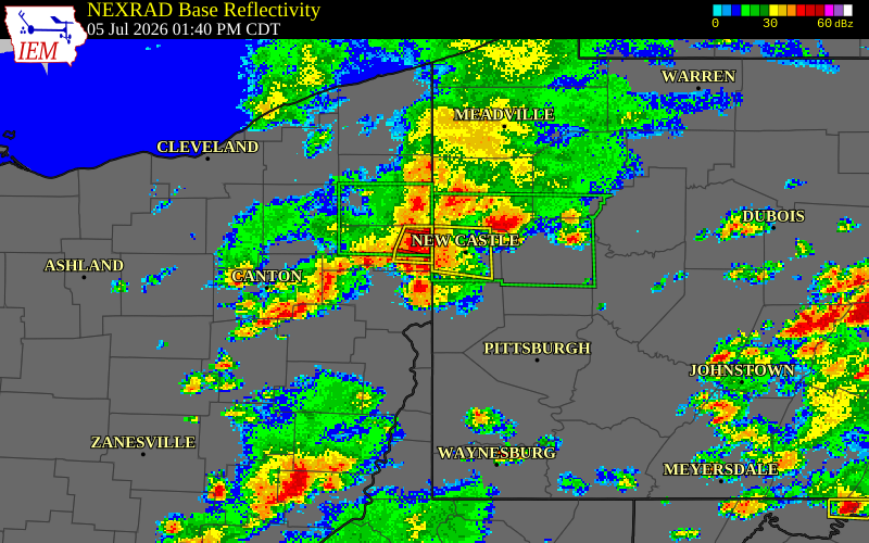 NEXRAD radar during the Sunday, July 5, 2026 storm activity in Lawrence County, Pennsylvania