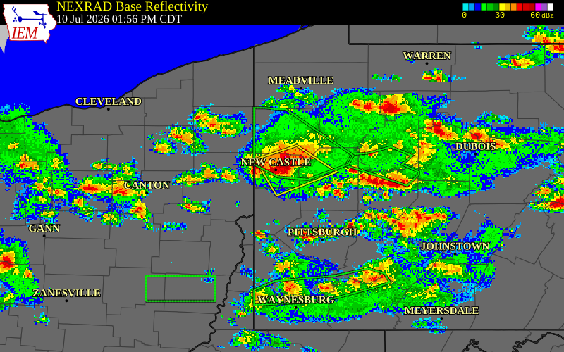 NEXRAD radar during the Friday, July 10, 2026 storm activity in Lawrence County, Pennsylvania