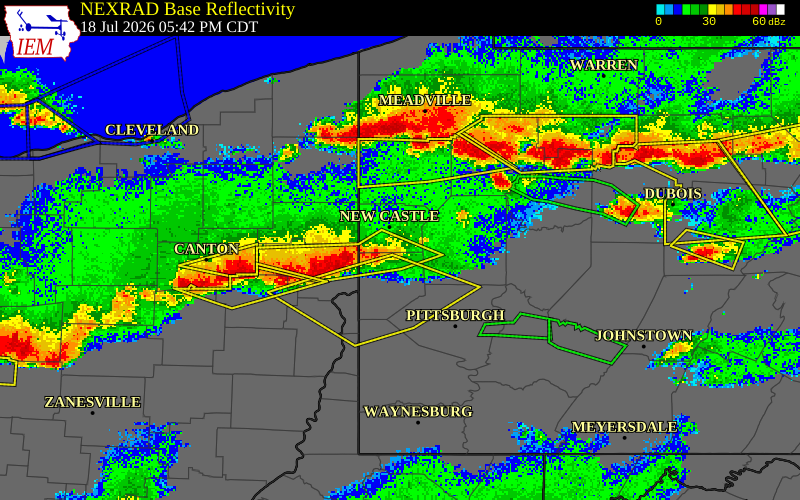 NEXRAD radar during the Saturday, July 18, 2026 storm activity in Lawrence County, Pennsylvania