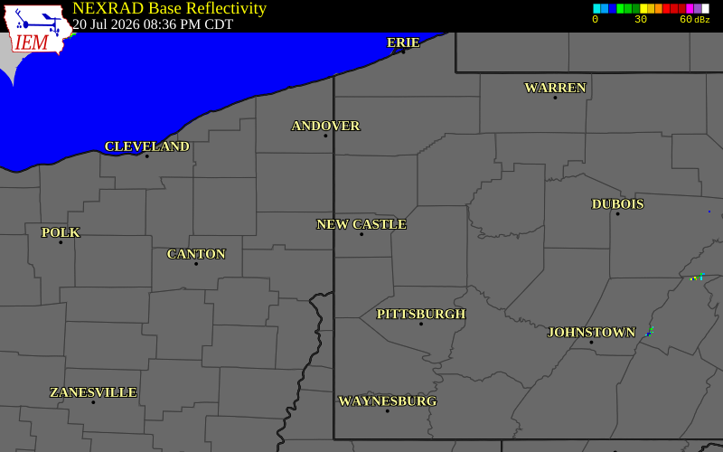 NEXRAD radar during the Monday, July 20, 2026 storm activity in Lawrence County, Pennsylvania