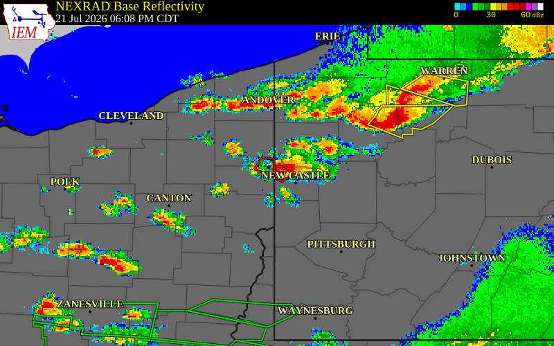 NEXRAD radar during the Tuesday, July 21, 2026 storm activity in Lawrence County, Pennsylvania