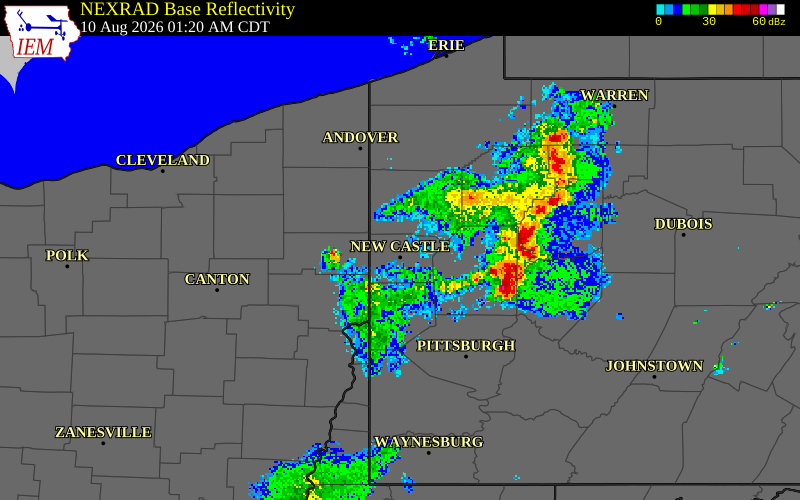 NEXRAD radar during the Monday, August 10, 2026 storm activity in Lawrence County, Pennsylvania