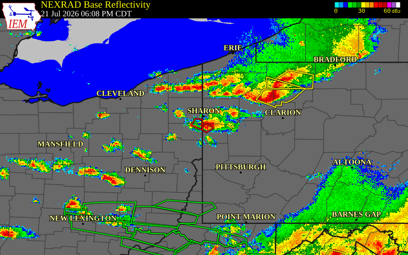 Radar snapshot during the Jul 21, 2026 tornado event near 7 SSW West Middlesex, Lawrence County, Pennsylvania, with NWS warning polygons