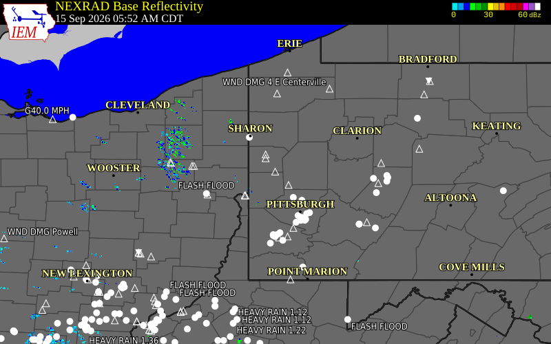 Current NEXRAD radar over Lawrence County, Pennsylvania with recent storm report locations