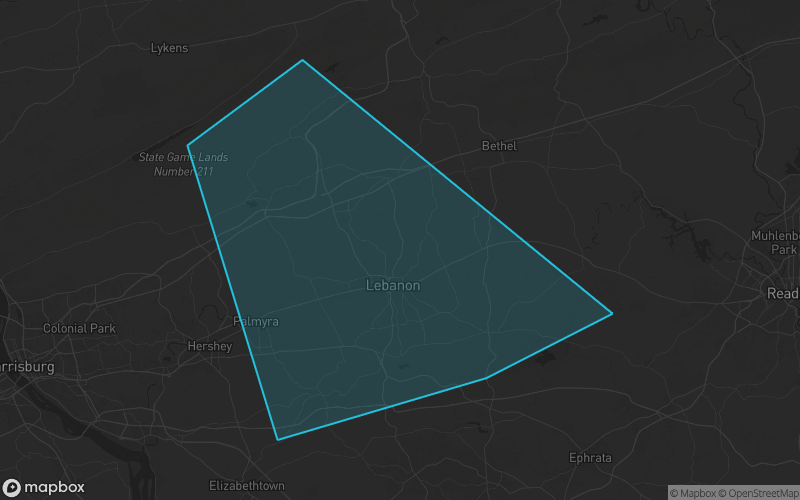 Map of Lebanon County, Pennsylvania showing the county boundary and surrounding cities