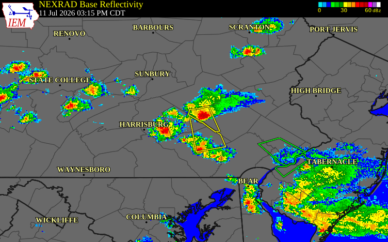 NEXRAD radar during the Saturday, July 11, 2026 storm activity in Lebanon County, Pennsylvania