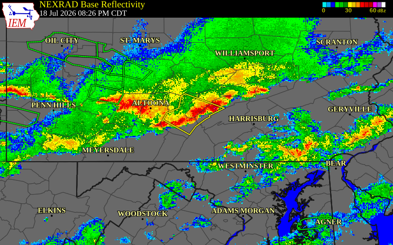 Radar snapshot during the Jul 18, 2026 wind event near Lebanon County, Lebanon County, Pennsylvania, with NWS warning polygons