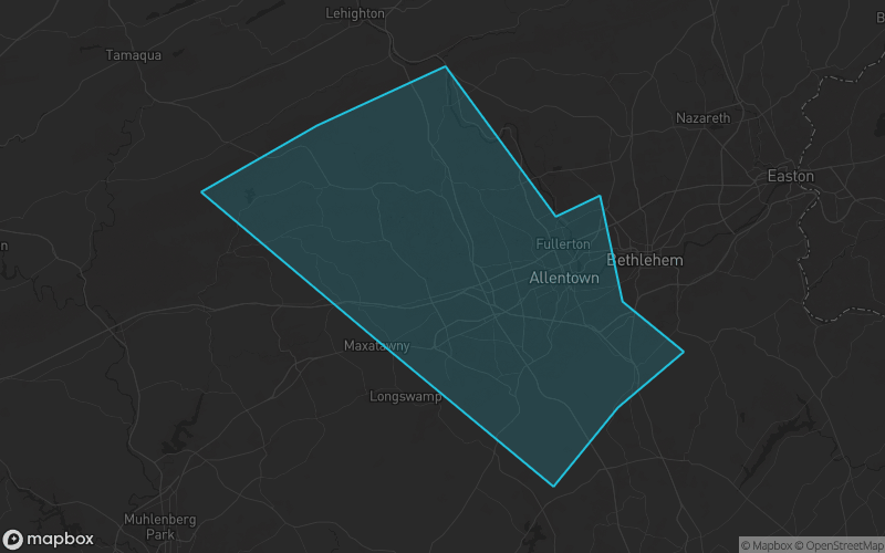 Map of Lehigh County, Pennsylvania showing the county boundary and surrounding cities