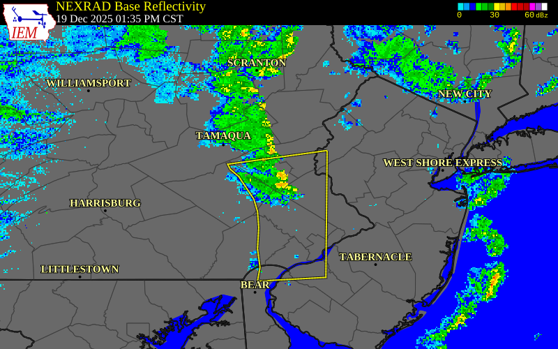 NEXRAD radar during the Friday, December 19, 2025 storm activity in Lehigh County, Pennsylvania