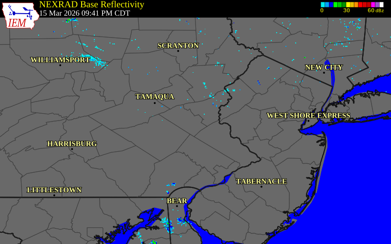 NEXRAD radar during the Sunday, March 15, 2026 storm activity in Lehigh County, Pennsylvania