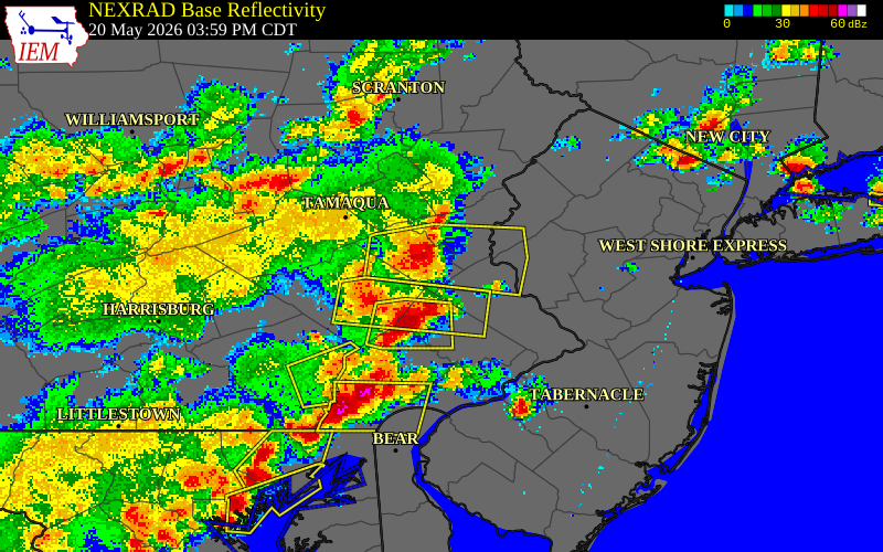 NEXRAD radar during the Wednesday, May 20, 2026 storm activity in Lehigh County, Pennsylvania