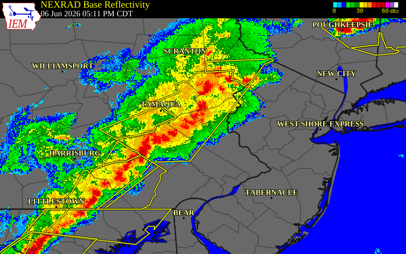 NEXRAD radar during the Saturday, June 6, 2026 storm activity in Lehigh County, Pennsylvania