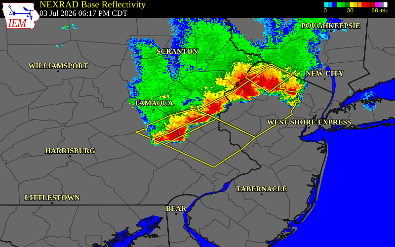 NEXRAD radar during the Friday, July 3, 2026 storm activity in Lehigh County, Pennsylvania