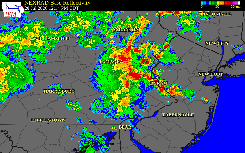 NEXRAD radar during the Tuesday, July 28, 2026 storm activity in Lehigh County, Pennsylvania